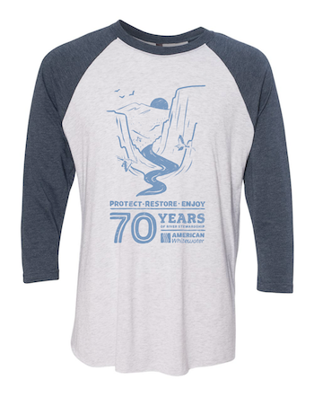 American Whitewater 70th Anniversary Baseball tshirt